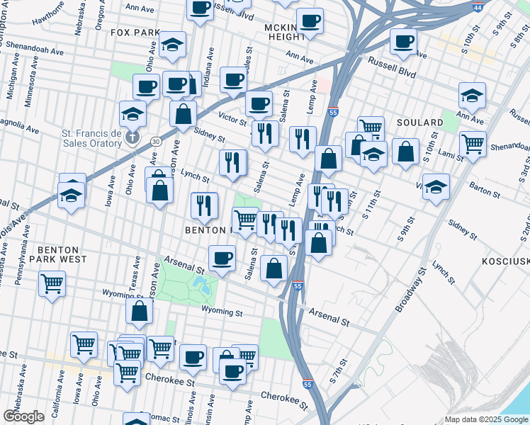 map of restaurants, bars, coffee shops, grocery stores, and more near 2814 Salena Street in St. Louis