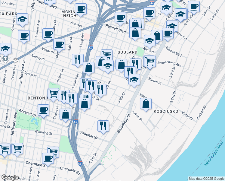 map of restaurants, bars, coffee shops, grocery stores, and more near 2615 South 10th Street in St. Louis
