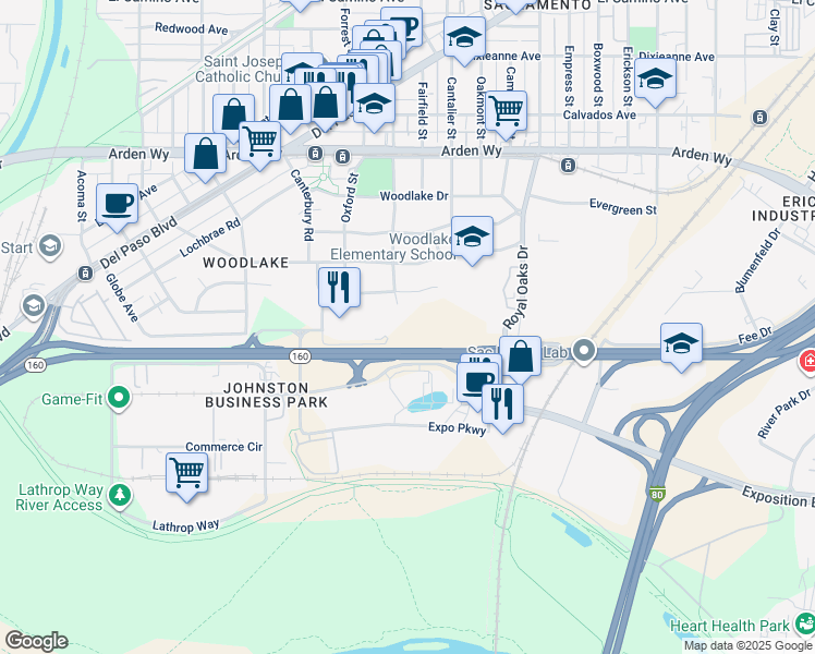 map of restaurants, bars, coffee shops, grocery stores, and more near North Sacramento Freeway in Sacramento