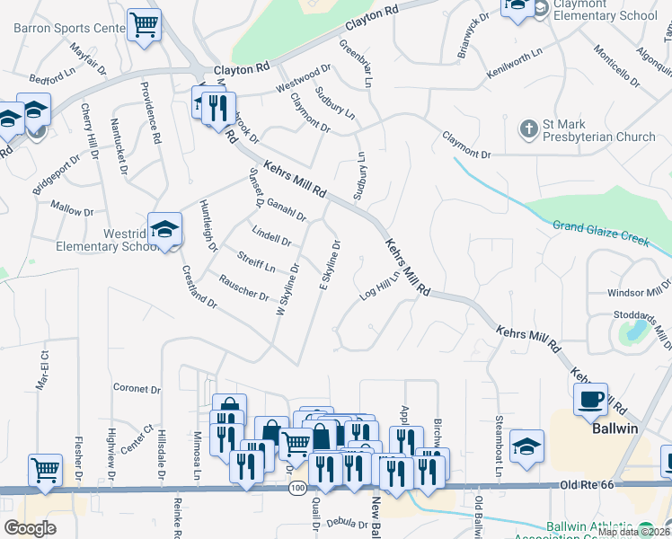 map of restaurants, bars, coffee shops, grocery stores, and more near 264 East Skyline Drive in Ballwin