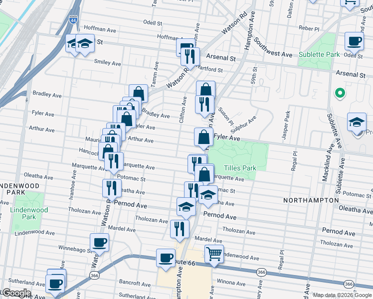 map of restaurants, bars, coffee shops, grocery stores, and more near 6050 Arthur Avenue in St. Louis