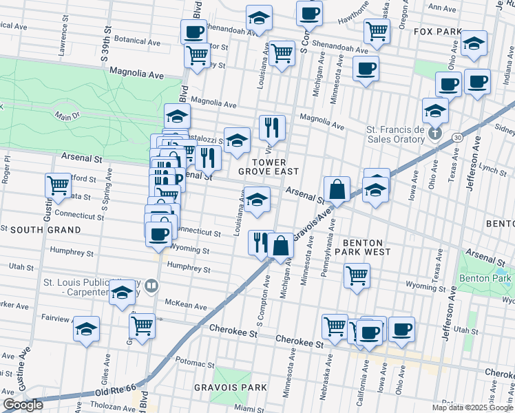 map of restaurants, bars, coffee shops, grocery stores, and more near 3230 Hartford Street in St. Louis