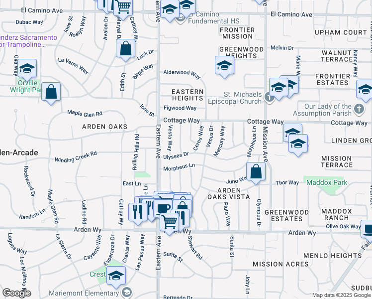 map of restaurants, bars, coffee shops, grocery stores, and more near 4341 Ulysses Drive in Sacramento