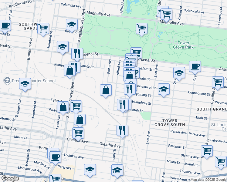 map of restaurants, bars, coffee shops, grocery stores, and more near 3223 Alfred Avenue in St. Louis