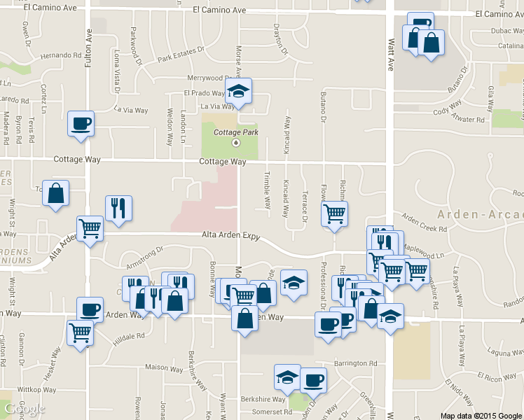 map of restaurants, bars, coffee shops, grocery stores, and more near 3133 Cottage Park Avenue in Sacramento