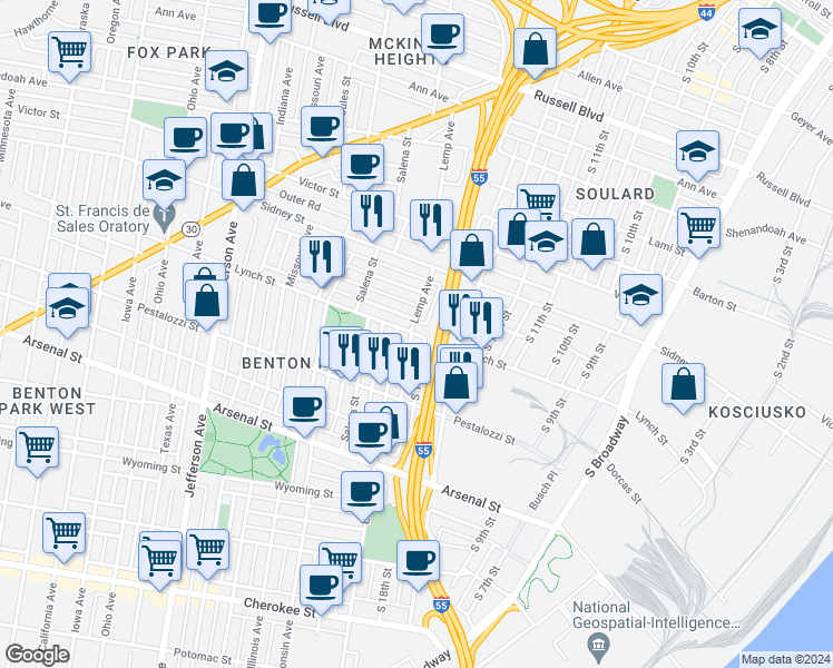 map of restaurants, bars, coffee shops, grocery stores, and more near 1815 Lynch Street in St. Louis