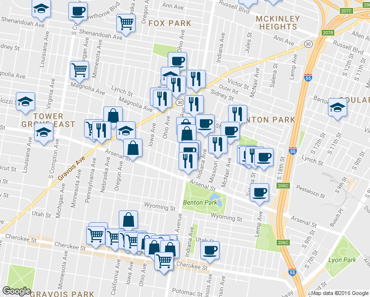 map of restaurants, bars, coffee shops, grocery stores, and more near 2910 Texas Avenue in St. Louis