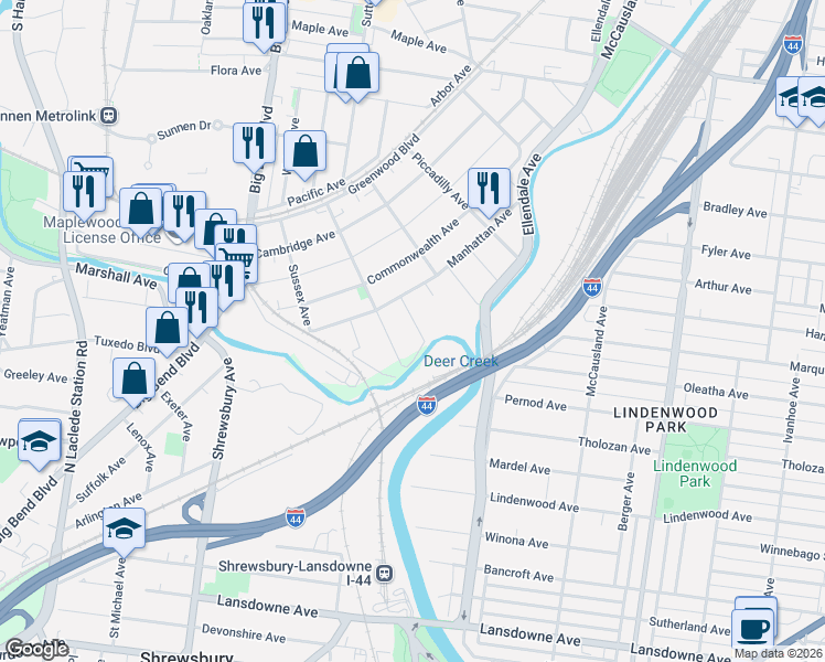 map of restaurants, bars, coffee shops, grocery stores, and more near 7103 Drury Lane in Maplewood