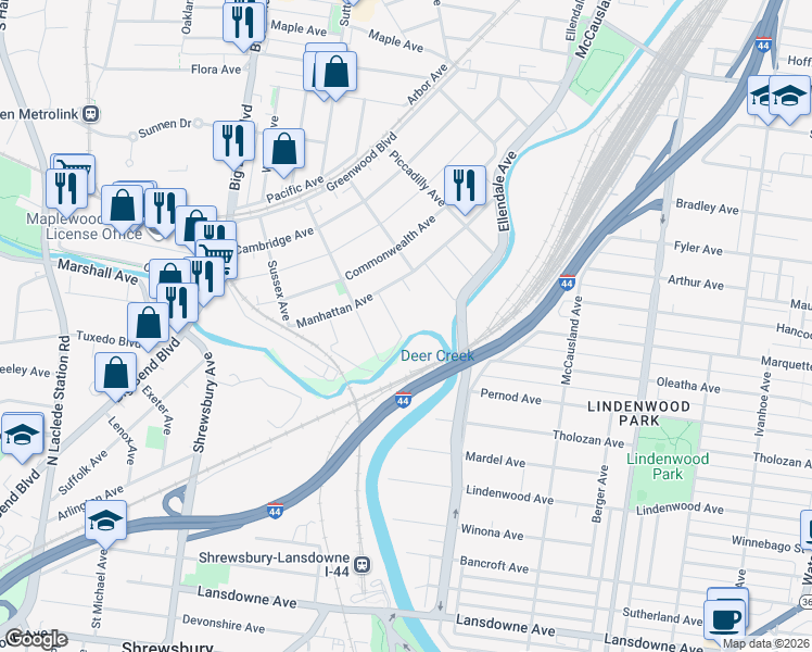 map of restaurants, bars, coffee shops, grocery stores, and more near 7103 Drury Lane in Maplewood