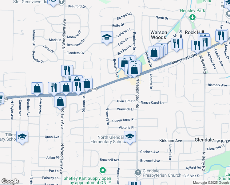 map of restaurants, bars, coffee shops, grocery stores, and more near 1301 Glendale Gardens Drive in St. Louis