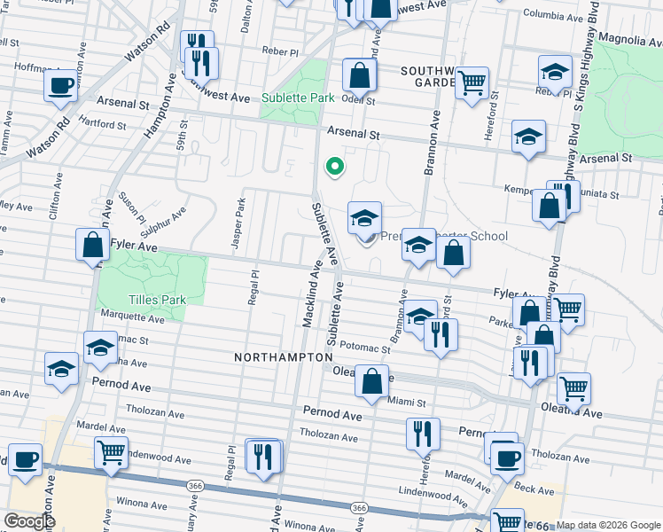 map of restaurants, bars, coffee shops, grocery stores, and more near 5403 Fyler Avenue in St. Louis