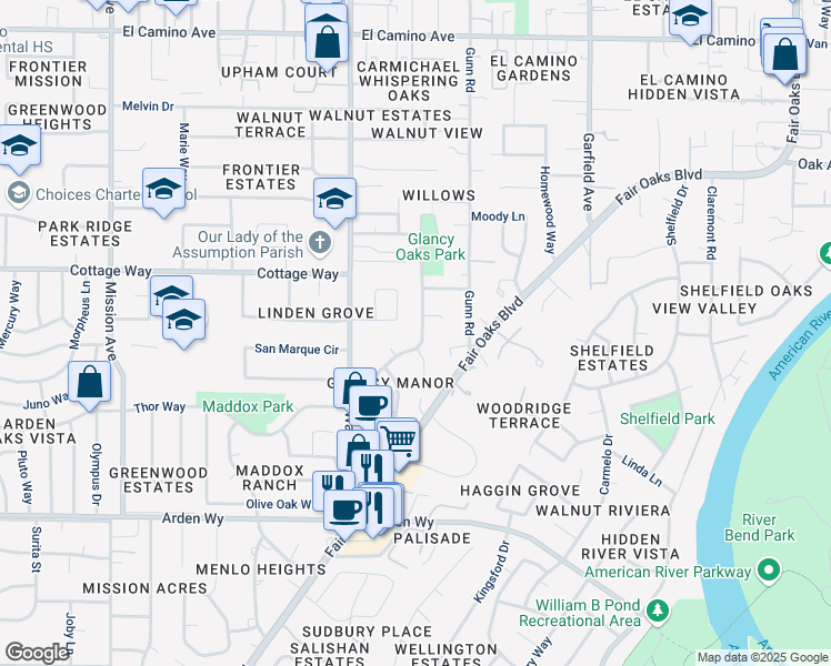 map of restaurants, bars, coffee shops, grocery stores, and more near 5160 Oak Leaf Avenue in Carmichael