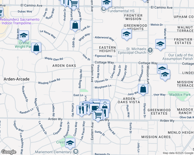 map of restaurants, bars, coffee shops, grocery stores, and more near 2009 Vesta Way in Sacramento