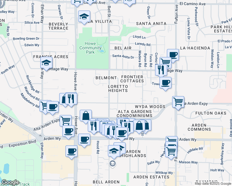 map of restaurants, bars, coffee shops, grocery stores, and more near 1917 Woodstock Way in Sacramento