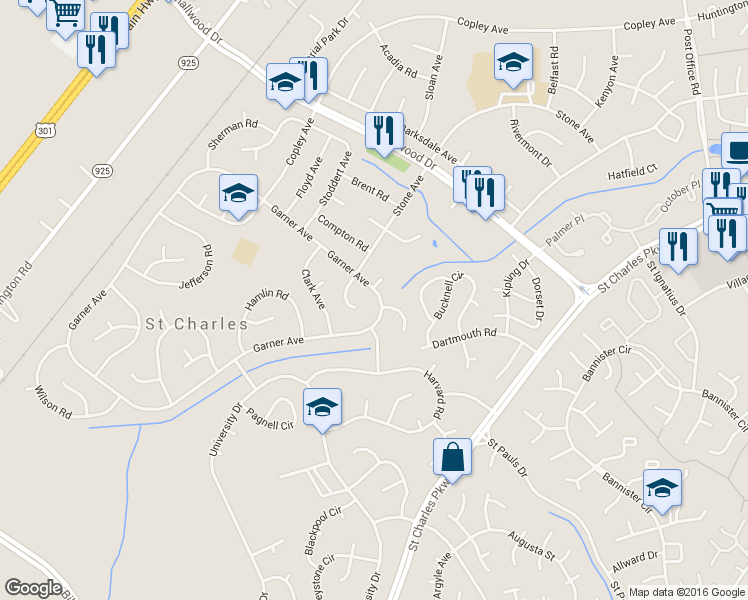 map of restaurants, bars, coffee shops, grocery stores, and more near 307 Garner Avenue in Waldorf