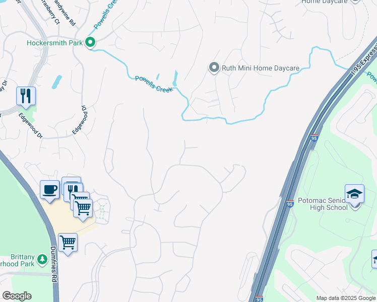map of restaurants, bars, coffee shops, grocery stores, and more near 16221 Timid Creek Court in Dumfries