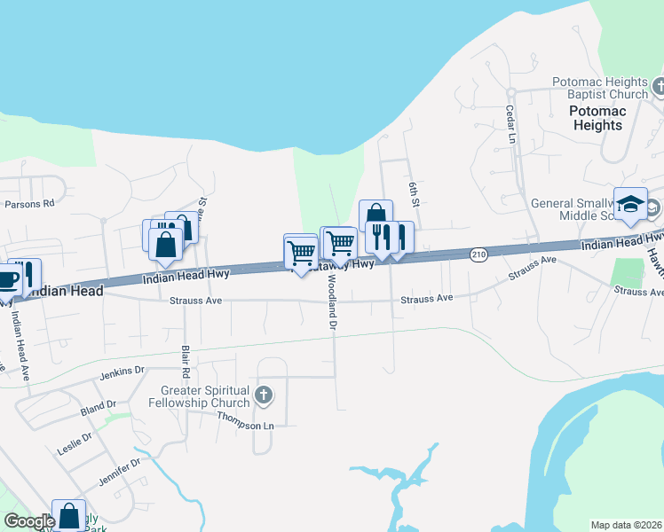 map of restaurants, bars, coffee shops, grocery stores, and more near 4601 Indian Head Highway in Indian Head