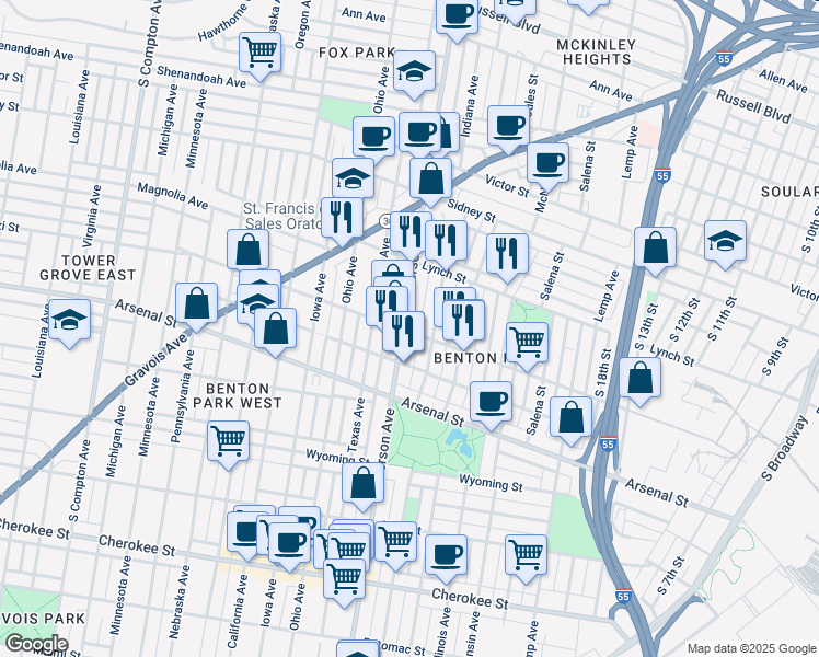 map of restaurants, bars, coffee shops, grocery stores, and more near 2870 South Jefferson Avenue in St. Louis