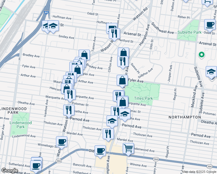 map of restaurants, bars, coffee shops, grocery stores, and more near 6050 Arthur Avenue in St. Louis