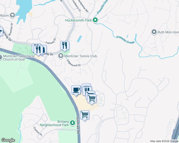 map of restaurants, bars, coffee shops, grocery stores, and more near 16208 Sunny Knoll Drive in Montclair