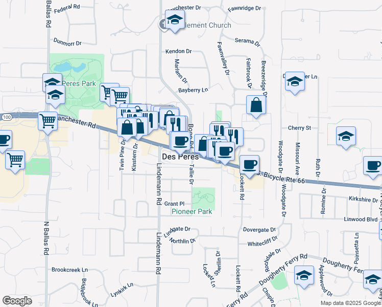 map of restaurants, bars, coffee shops, grocery stores, and more near Manchester Rd & Bopp Rd in Des Peres