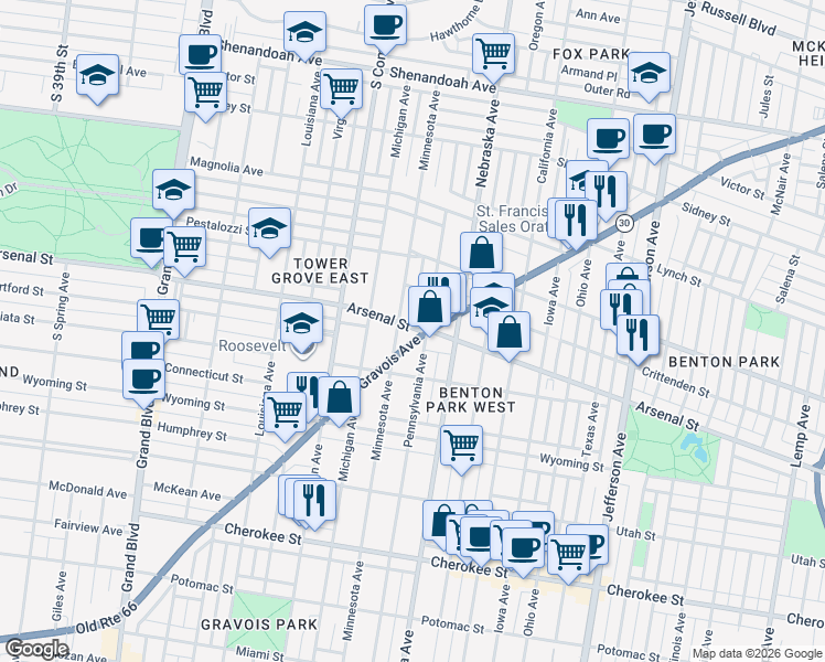 map of restaurants, bars, coffee shops, grocery stores, and more near 3022 Arsenal Street in St. Louis