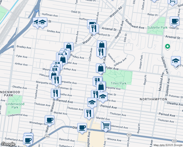 map of restaurants, bars, coffee shops, grocery stores, and more near 6050 Arthur Avenue in St. Louis