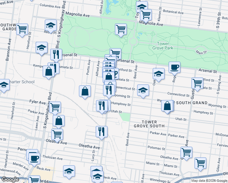 map of restaurants, bars, coffee shops, grocery stores, and more near 4273 Wyoming Street in St. Louis