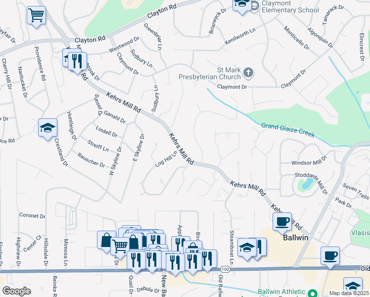 map of restaurants, bars, coffee shops, grocery stores, and more near 106 Kehrs Mill Road in Ballwin