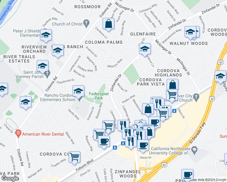map of restaurants, bars, coffee shops, grocery stores, and more near 2517 Zinfandel Drive in Rancho Cordova