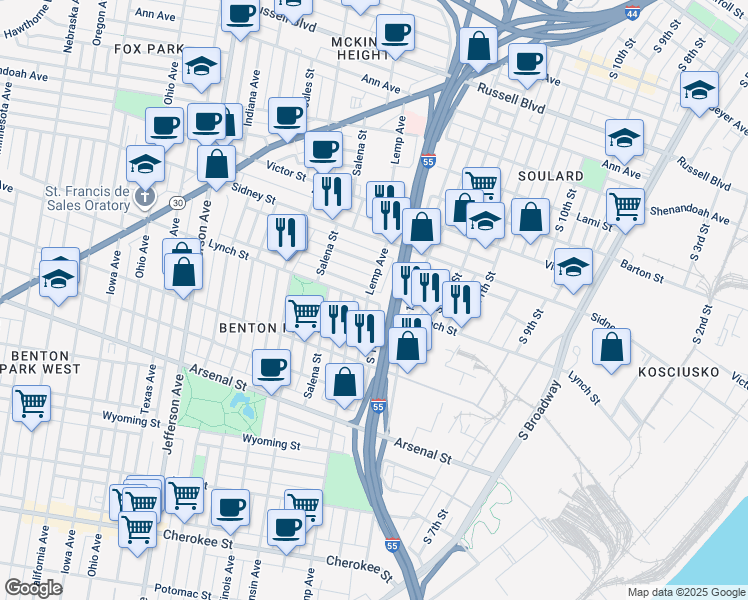 map of restaurants, bars, coffee shops, grocery stores, and more near 1815 Lynch Street in St. Louis
