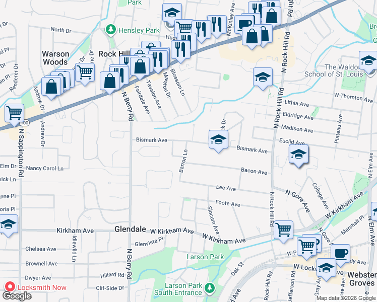 map of restaurants, bars, coffee shops, grocery stores, and more near 422 Barron Lane in Webster Groves