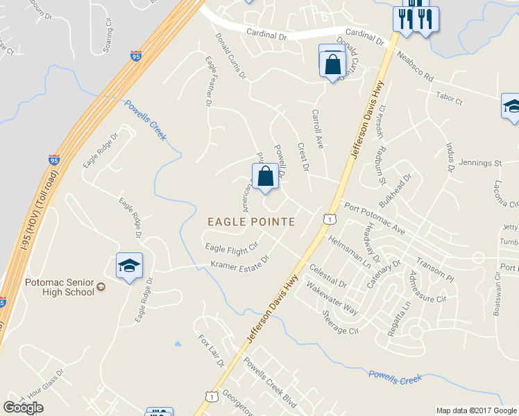 map of restaurants, bars, coffee shops, grocery stores, and more near 16166 Eagle Beak Circle in Woodbridge