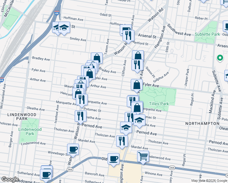 map of restaurants, bars, coffee shops, grocery stores, and more near 6226 Arthur Avenue in St. Louis