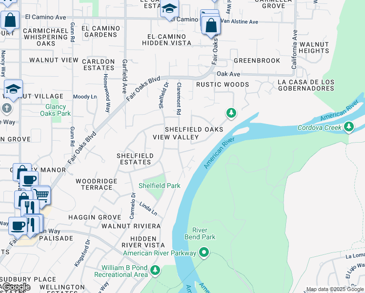 map of restaurants, bars, coffee shops, grocery stores, and more near 2000 Claremont Road in Carmichael