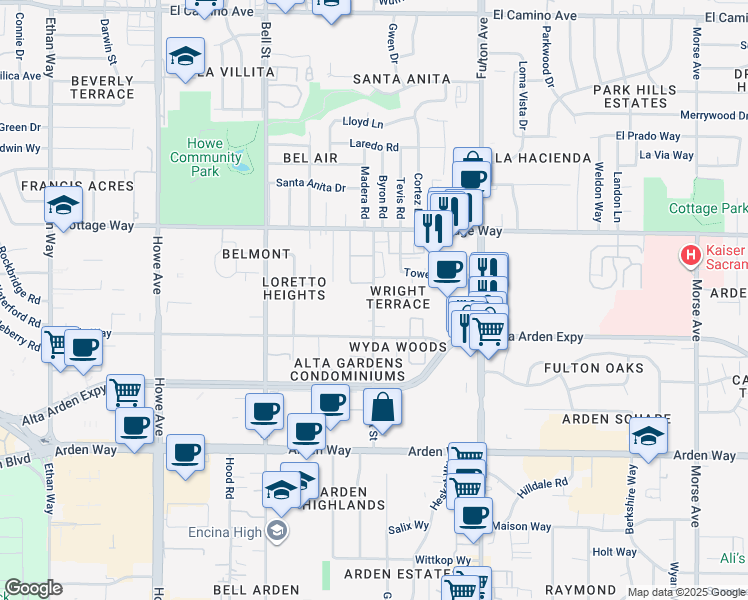 map of restaurants, bars, coffee shops, grocery stores, and more near 2406 Wurth Court in Sacramento