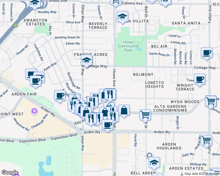 map of restaurants, bars, coffee shops, grocery stores, and more near 2119 Wyda Way in Sacramento