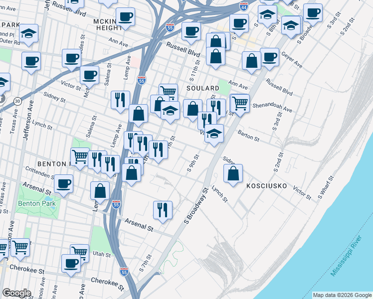 map of restaurants, bars, coffee shops, grocery stores, and more near 2615 South 10th Street in St. Louis