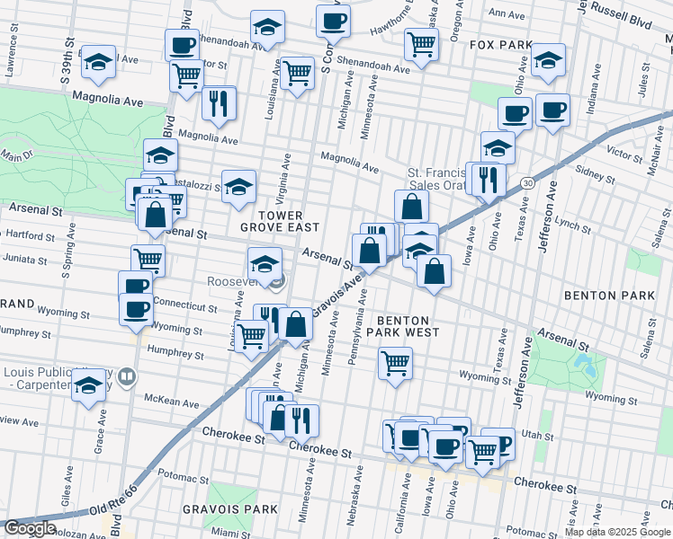 map of restaurants, bars, coffee shops, grocery stores, and more near 3116 Michigan Avenue in St. Louis