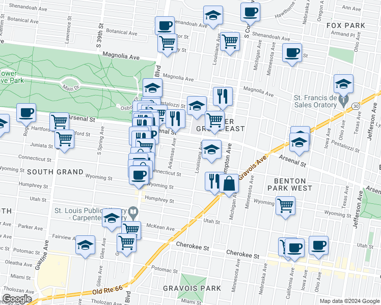 map of restaurants, bars, coffee shops, grocery stores, and more near 3405 Hartford Street in St. Louis