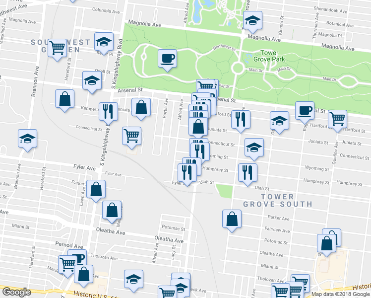 map of restaurants, bars, coffee shops, grocery stores, and more near 4319 Wyoming Street in St. Louis
