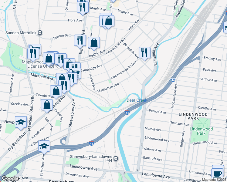 map of restaurants, bars, coffee shops, grocery stores, and more near 7142 Kensington Avenue in Maplewood