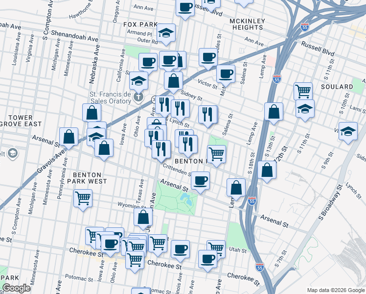 map of restaurants, bars, coffee shops, grocery stores, and more near 2849 Missouri Avenue in St. Louis