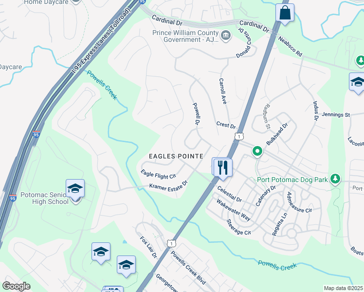 map of restaurants, bars, coffee shops, grocery stores, and more near 16166 Eagle Beak Circle in Woodbridge