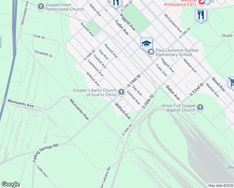 map of restaurants, bars, coffee shops, grocery stores, and more near 1401 South 19th Street in East St. Louis