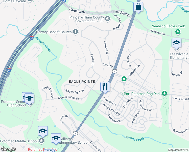 map of restaurants, bars, coffee shops, grocery stores, and more near 16194 Eagle Beak Circle in Woodbridge