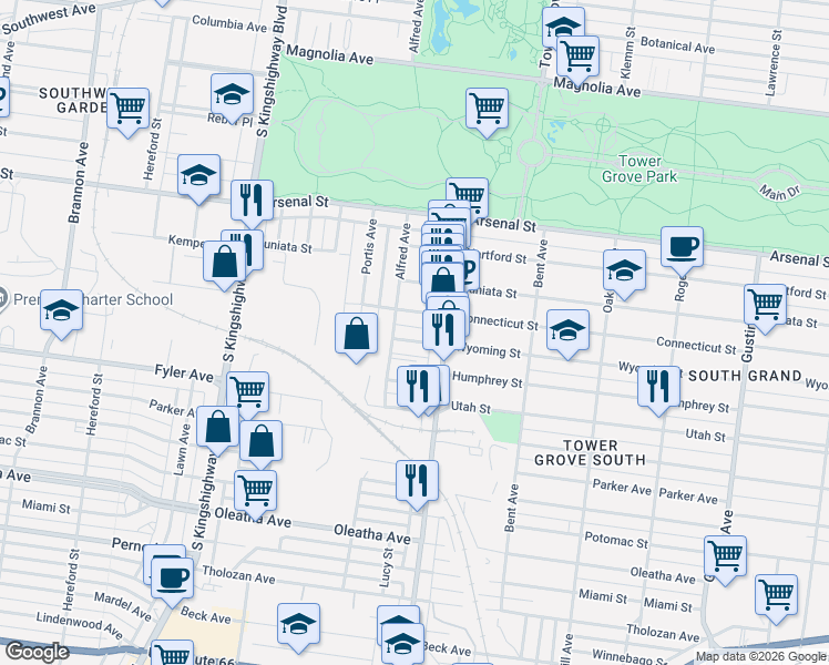 map of restaurants, bars, coffee shops, grocery stores, and more near 4319 Wyoming Street in St. Louis
