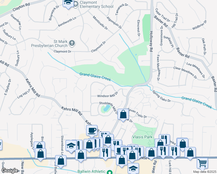 map of restaurants, bars, coffee shops, grocery stores, and more near 568 Burlington Mill Drive in Ballwin
