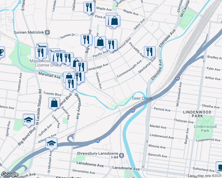 map of restaurants, bars, coffee shops, grocery stores, and more near 3622 Manhattan Avenue in Maplewood
