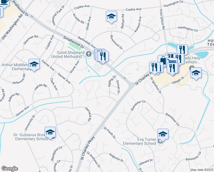 map of restaurants, bars, coffee shops, grocery stores, and more near 1004 Red Lion Court in Waldorf